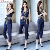 summer new leopard stitching bow chiffon top slim trousers two piece set korean style elegant womens pants set office work suit