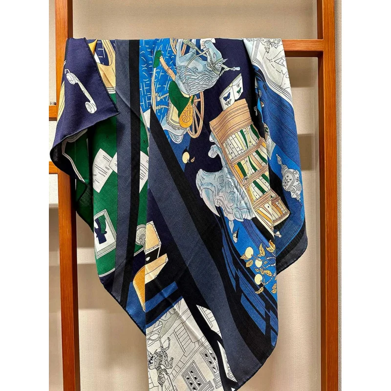 Синий кашемировый палантин хиджаб шарф накидка на плечо парео шаль из шелка