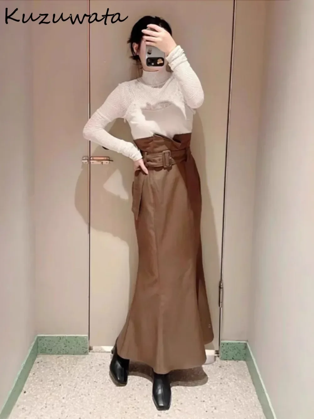 Kuzuwata Повседневные милые облегающие юбки с высокой талией и поясом Feminine Bud Mermaid Mujer