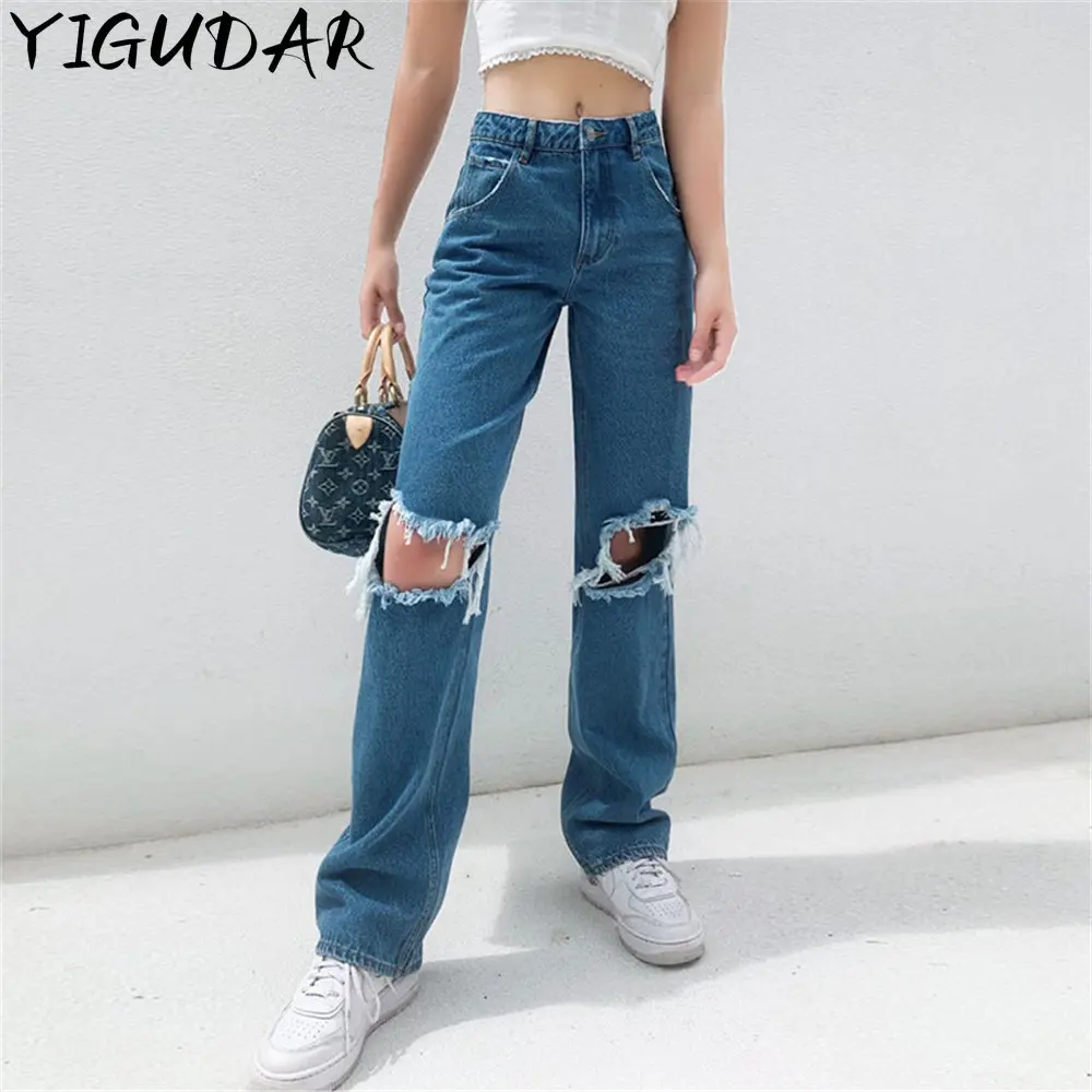 

Streetwear Ripped Jeans Women Straight Pants Women Mid Waist Loose Summer Baggy Jeans Y2K High Street Cargo Pants Women