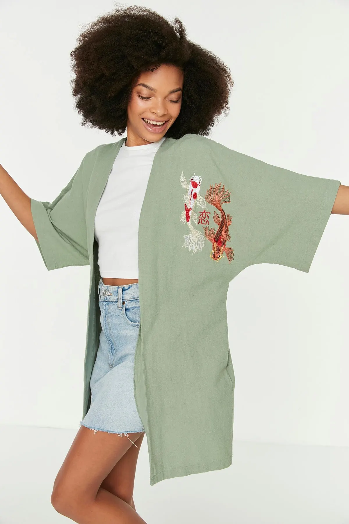 

Women's Kimono Mint Embroidery Detailed Kimono Caftan Fashion Bathrobe For Ladies