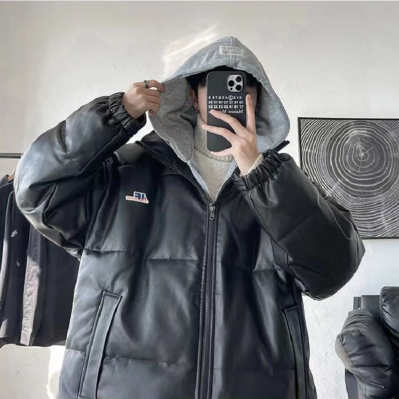 Winter Fake Two-Piece Hooded Cotton-Padded Coat Korean Style Loose PU Leather All-Matching Girls Boys Coat Couple Outerwear