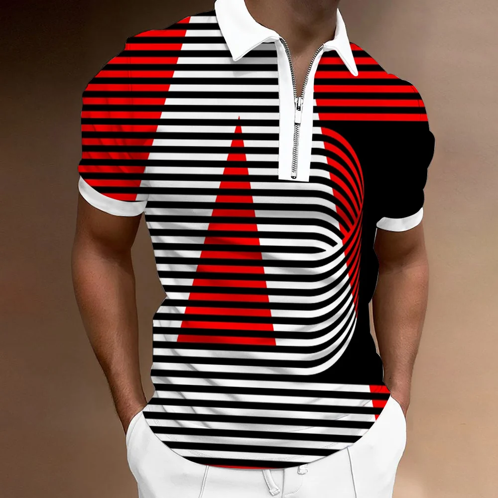 New 3D Yellow stripe printing polo shirt high-quality business people slim-fit color printed classic zipper lapel short sleeve