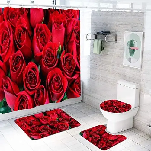 

Набор занавесок для душа с цветочным принтом розы, ковер, чехол для унитаза, коврик для ванной, наволочка, бытовая Штора для ванной