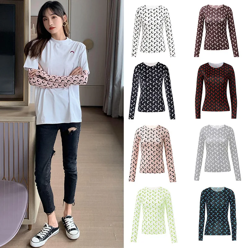 

Women Sexy T-shirts Summer Ice Silk Breathable Long Sleeve Print Sexy Skinny Top Girls Chic T-shirts Tops Tees Ladies Clothes