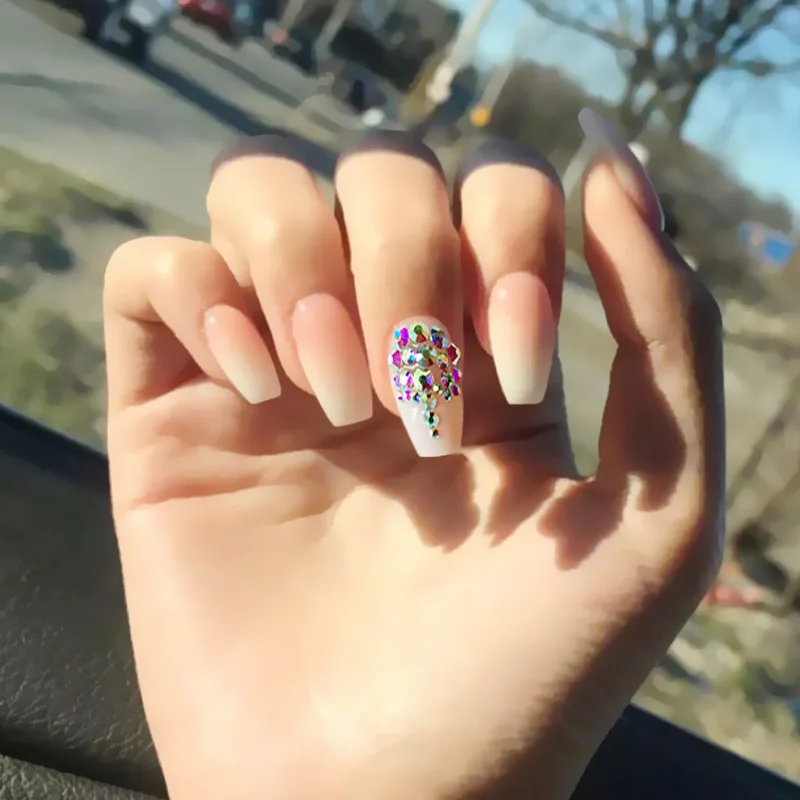 

24pcs Gradient Color Fake Nails Diamond Bride Wedding Detachable False Nails Patch RP