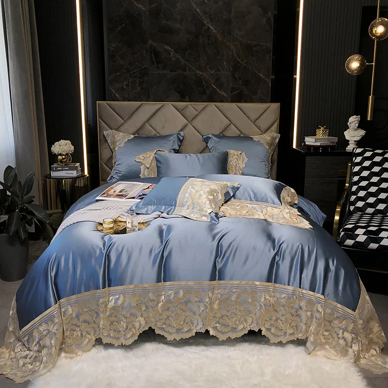 

Luxury Blue High Precision Satin Silky Egyptian Cotton Princess Bedding Set Lace Edge Duvet Cover Bed Sheet Pillowcases 4/7Pcs