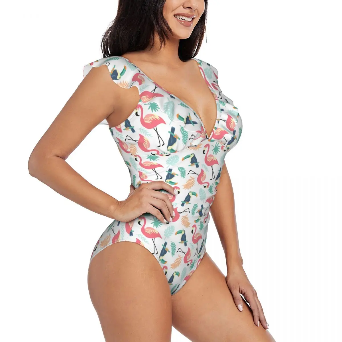 

Swimwear Women One Piece Swimsuit Flamingos Toucans And Palm Leaves Swimming Bikinis Push Up Monokini Sexy Ruffle Bathing Suit