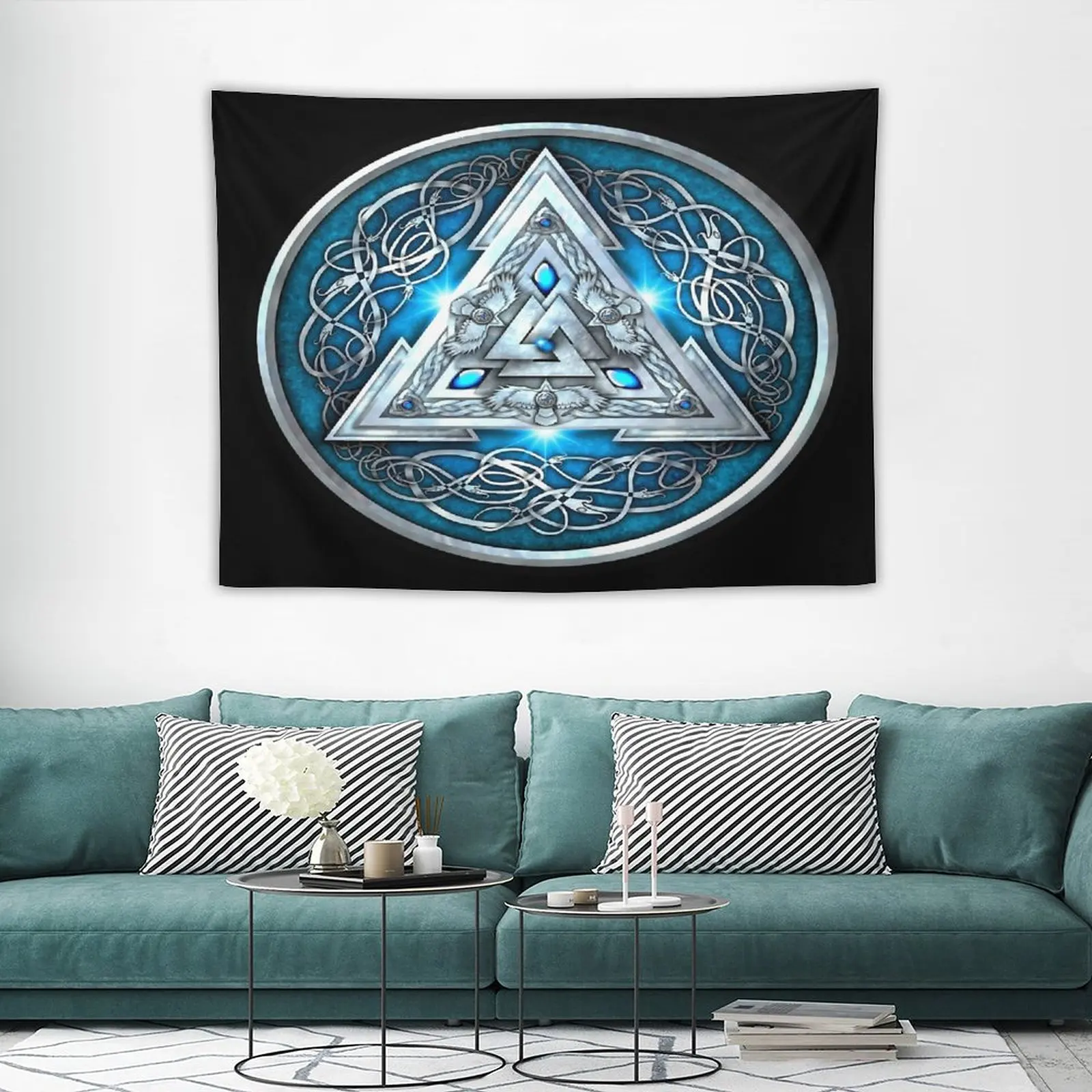 

Norse Triskele Valknut Shield in Silver And Sea Blue Tapestry Fabric Poster Cloth Christmas Decoration 2023 Wall Decoration Boho