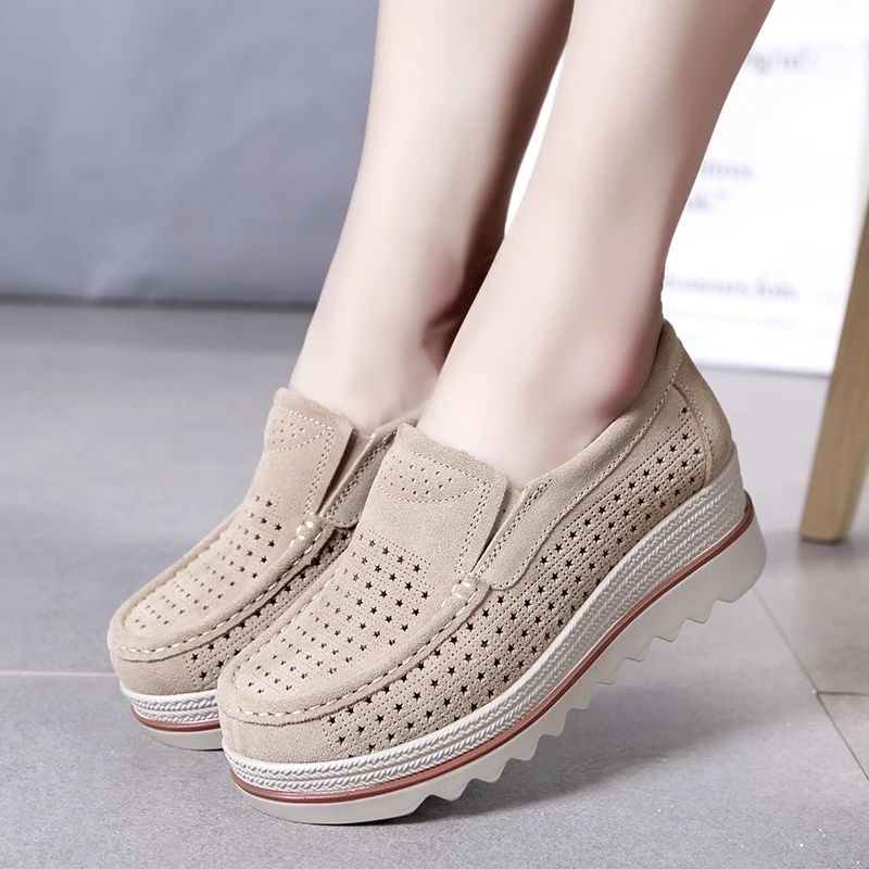 

New Platform Women Shoes Moccasins for Comfortable Loafers Leather Suede Hollow Out Flats Sneakers Zapatillas Mujer