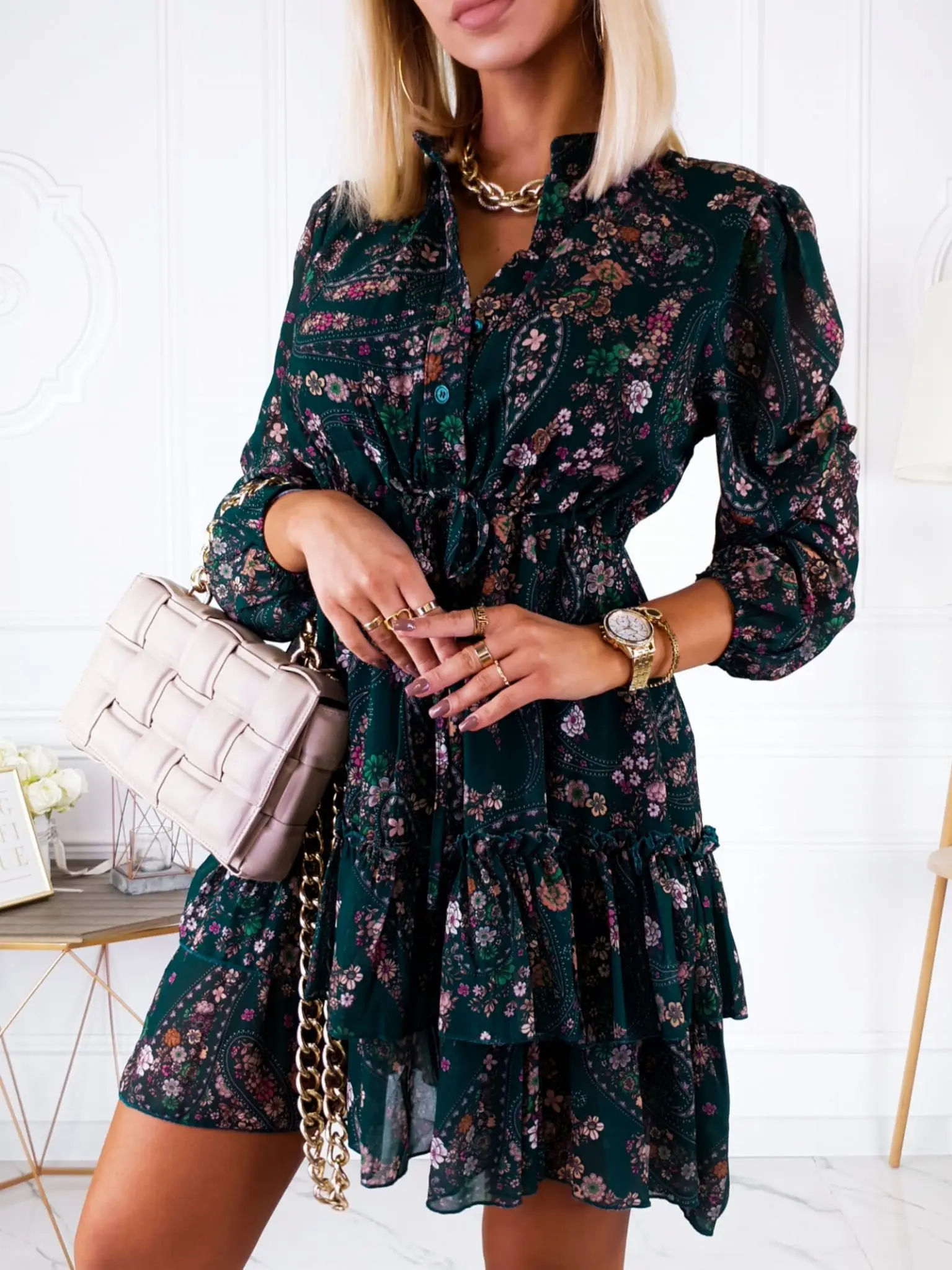 

Women Vintage Ruffles Floral Print Shirt Dress Autumn Chiffon Long Sleeve Dress Casual Spring A Line Short Boho Dress Female