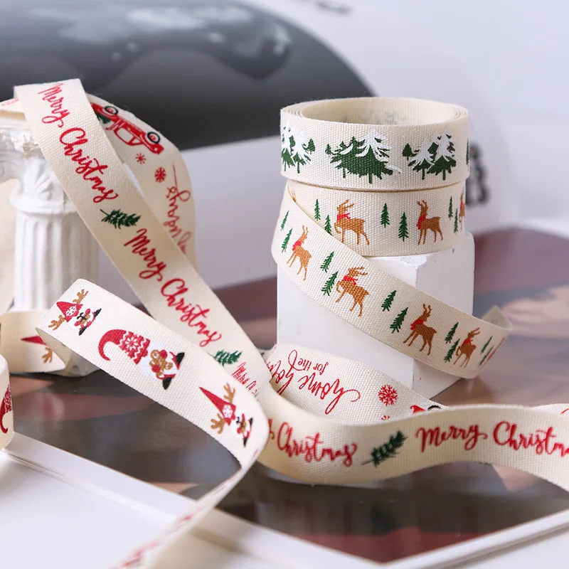 

New product Christmas plain cotton tape elk Ribbon Holiday packaging diy handmade bow bouquet cake baking tape 10 yards per roll