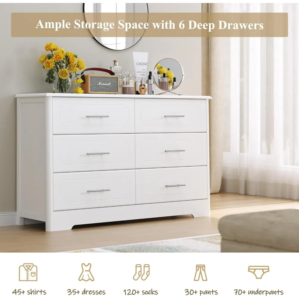 Комод с 6 ящиками современный белый двойной комод широкий ручками деревянный для