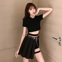 2022 summer new korean version of sexy cropped blouses irregular pleated culottes hip hop suits jazz style disco clothing