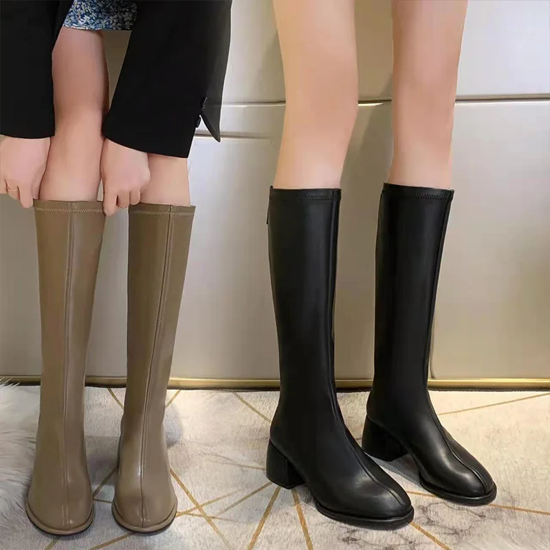 2022 Winter Fashion Women Thigh High Long Flat Boots Beige Low Heels Knee High Boots Soft Leather Square Toe Boots Party Shoes