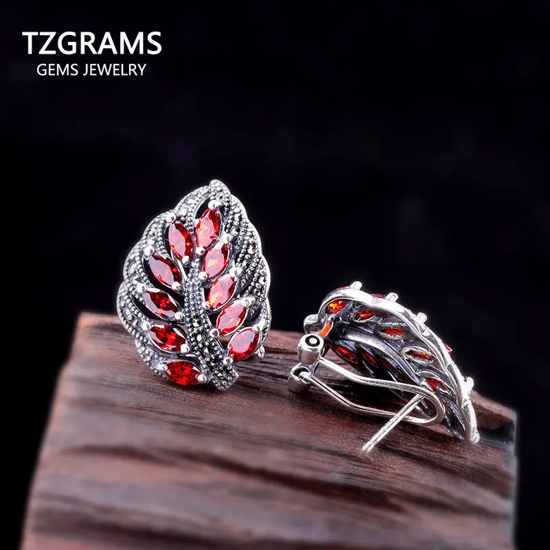 

Earrings Silver 925 Natural Gemstone Vintage Retro Clip On Earings For Women Leaves Shape Fine Jewelry Bijoux
