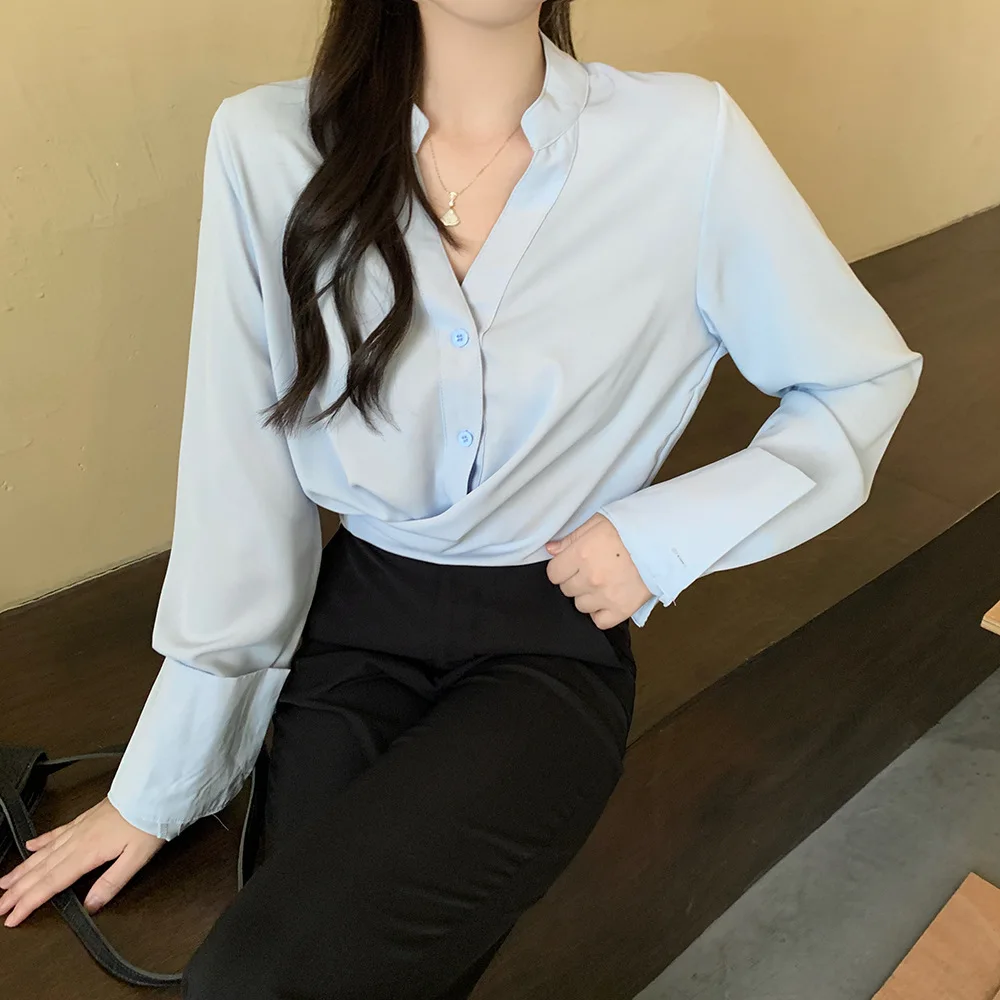 

2022 Fall New Fashion Button-Up V-Neck Long Sleeve Cross-Tie Shirt Retro Shirt White Ladies Loose Commuter Dress Shirt
