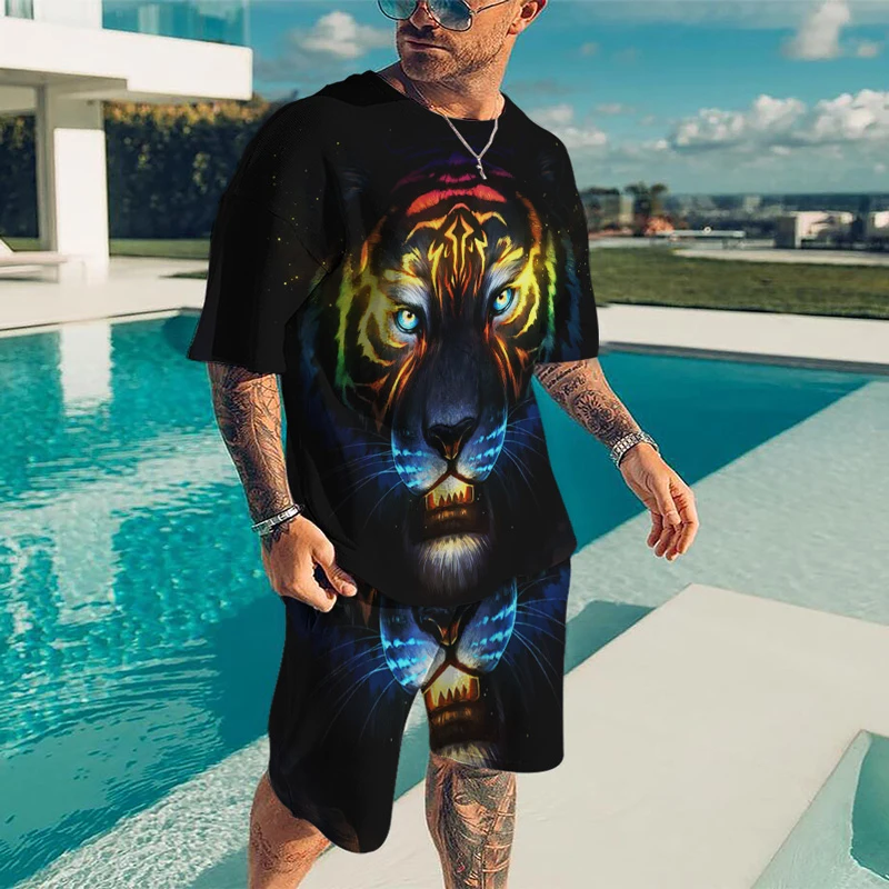 Summer Men's Casual Street Beach Shorts Set 3D Printed Color Animal Tiger Lion Pattern Crew Neck Short Sleeve Two-piece Set