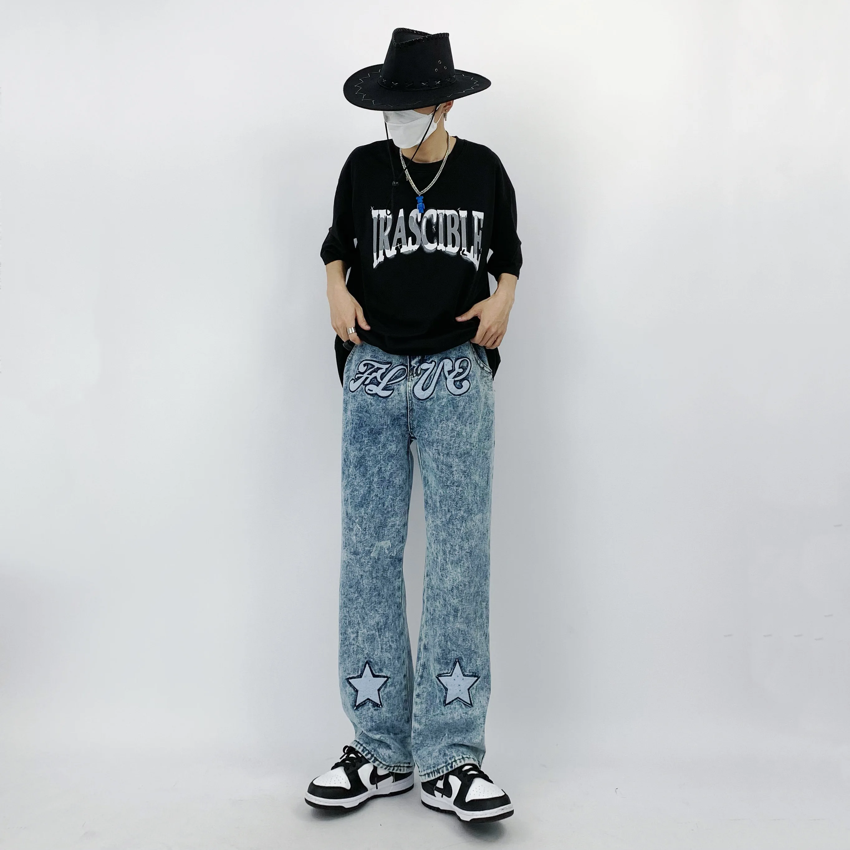 Men's Jeans Ins Snowflake Letter Embroidery Straight Loose Jeans Korean Style Hip Hop Style Jeans Y2k Streetwear Ins Hot Sale