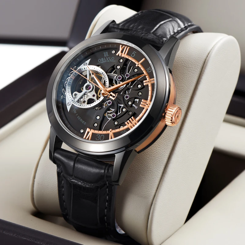 

OBLVLO Luxury Brand Waterproof Casual Watches Skeleton Watches All Black Automatic Mechanical Watches with Sapphire Crystal VM-S