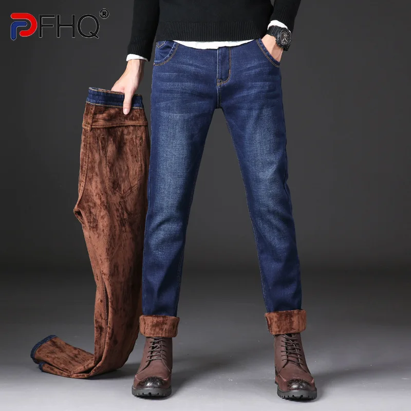 PFHQ 2023 Winter Fleece Pants Trendy Brushed Thickened Stretch New Men's Jeans Thermal Straight Trousers Elegant Fashion Pants