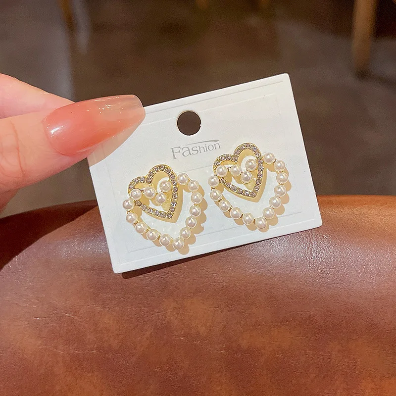 

Wholesale New Trendy Gold Plated Double Layer Heart Pearl Earrings for Women Jewelry AAA Zircon S925 Silver Needle Stud Earring