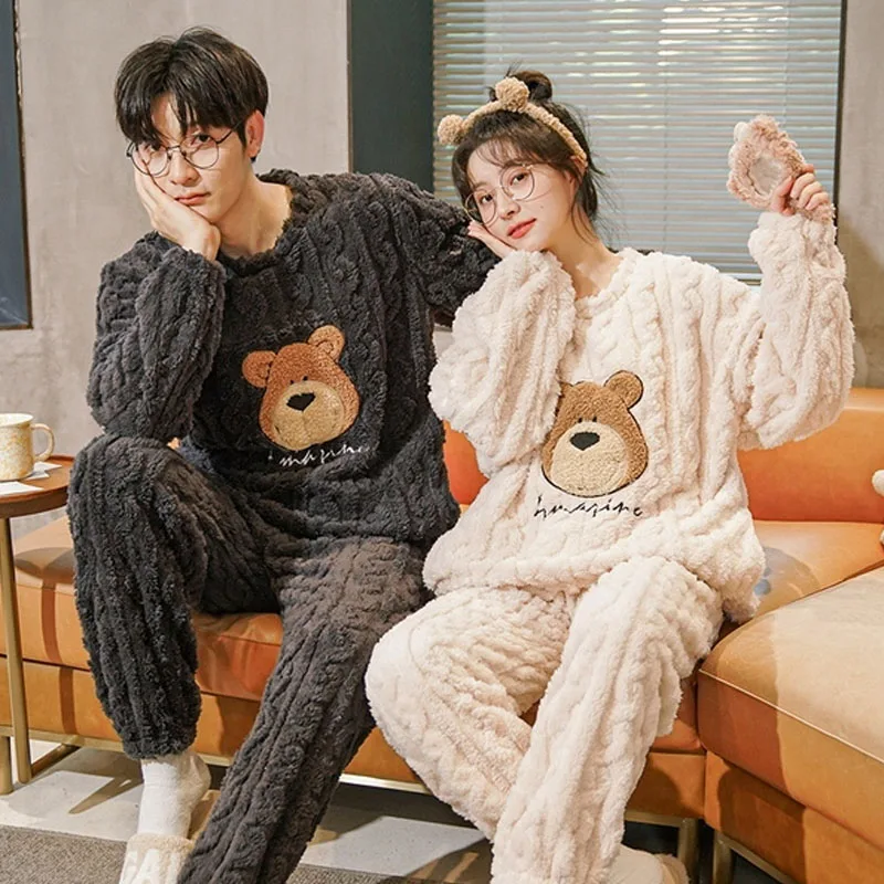 QUHENG Flannel Pajamas for Women Suit Winter Long Sleeved Thick Couple Sleepwear Two-piece Set Cute Soft Men Home Wear Clothes