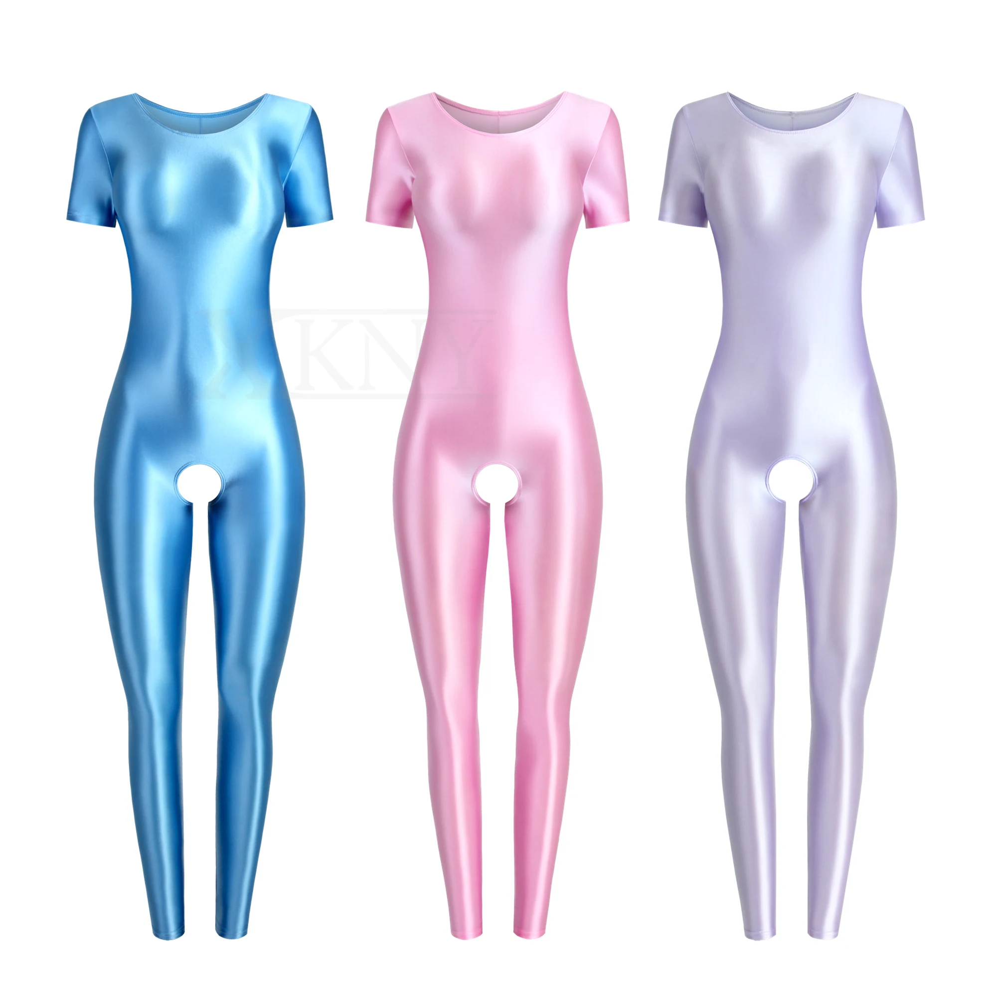 XCKNY sexy Shiny Tights oil Glossy Silky short sleeve open crotch full body tights smooth sports Yoga sportswear Wetsuit Bathing