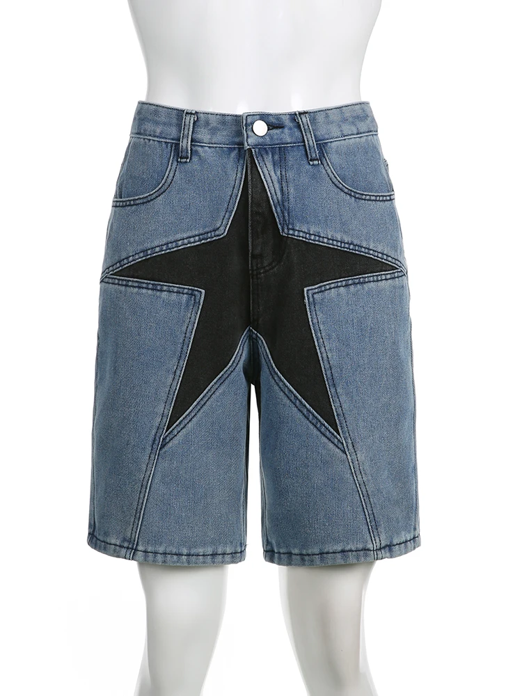 y2k Star Patchwork Cargo Shorts Women Harajuku Low Waist Denim Short Vintage Streetwear Blue Baggy Bottoms Grunge 2000S