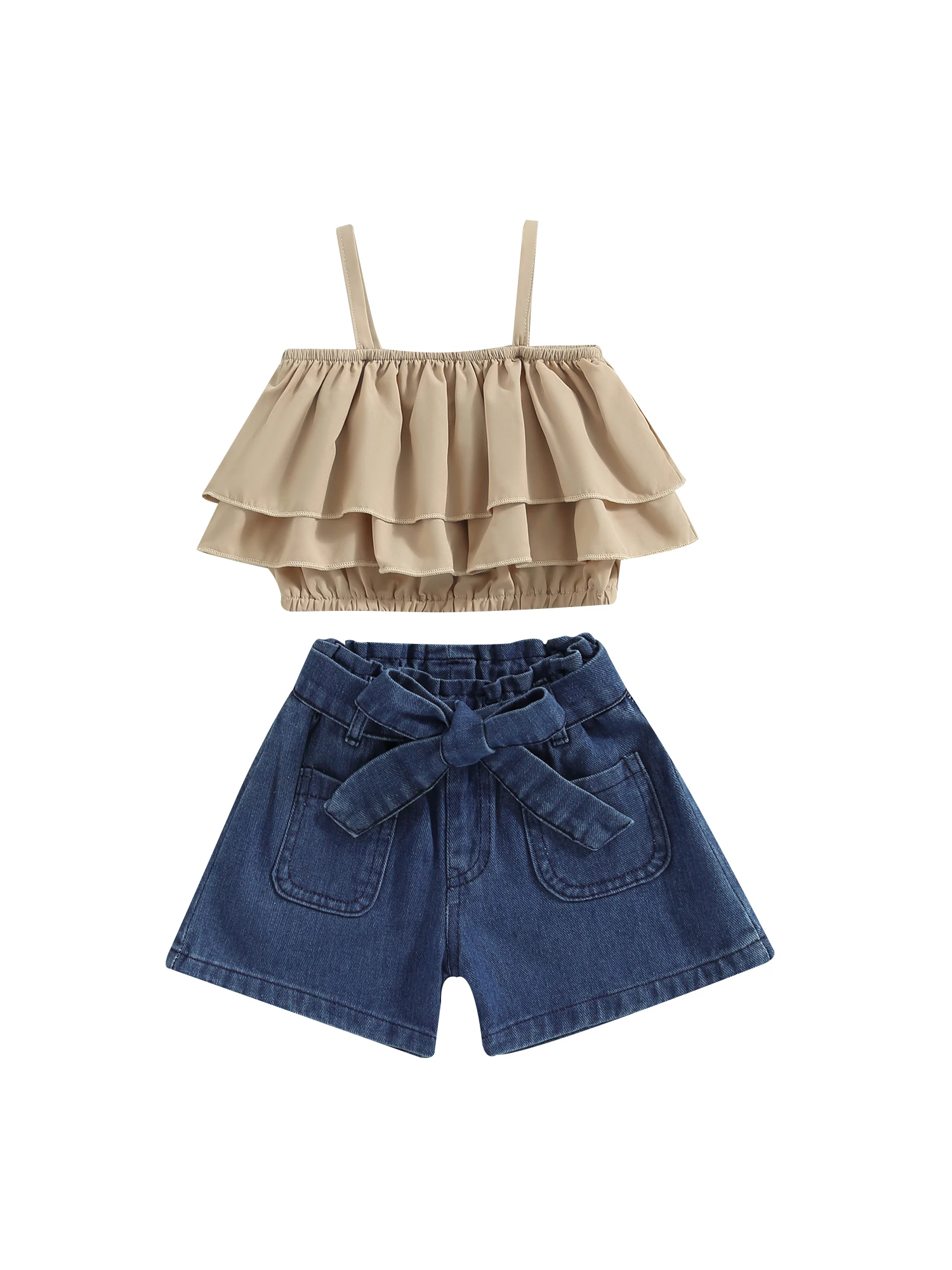 

Летняя одежда для девочек, однотонные топы без рукавов с оборками, джинсовые шорты с эластичным поясом и поясом, комплект одежды