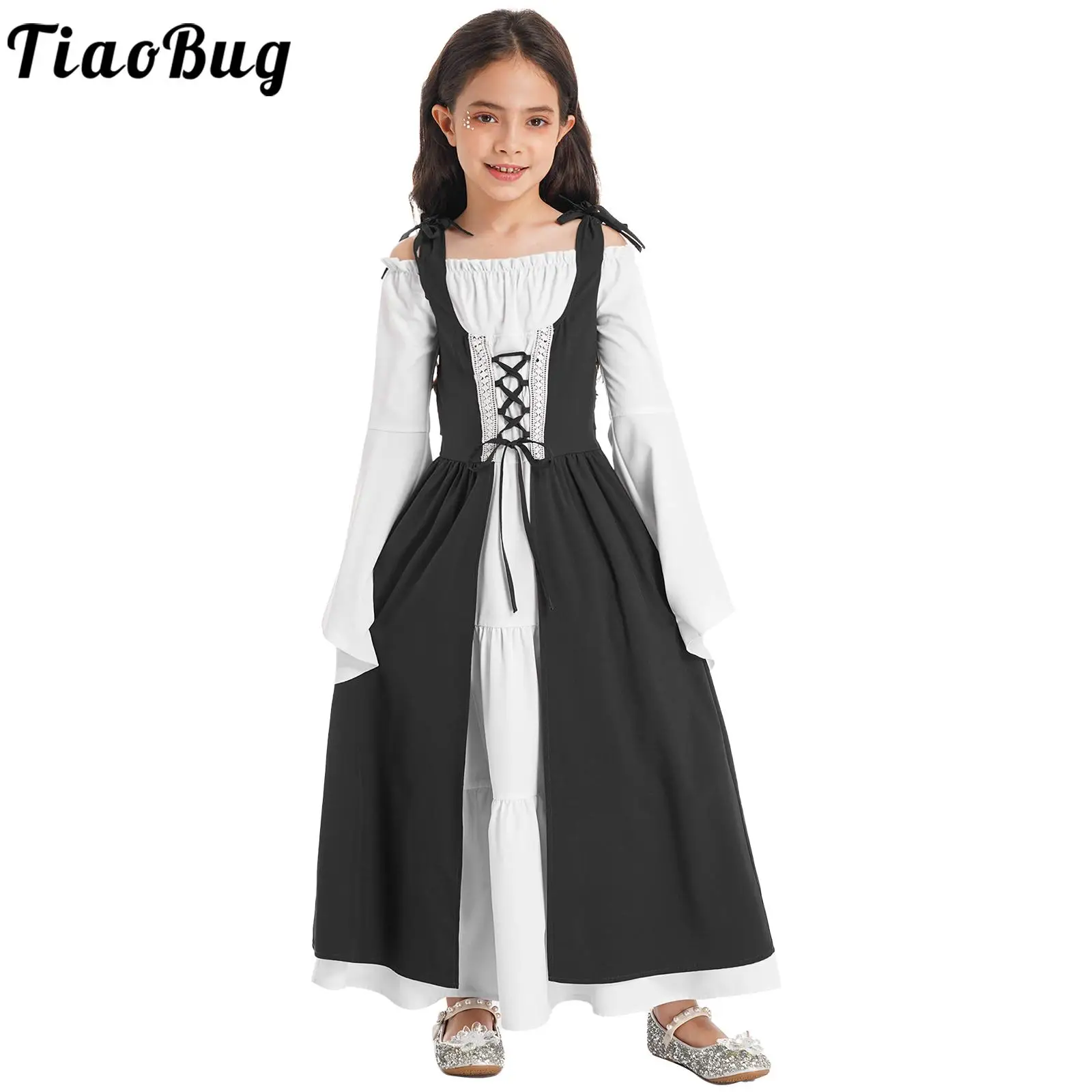 

Kids Girls Halloween Party Long Flare Sleeve Retro Victoria Princess Gown Dress Costume for Medieval Renaissance Performance
