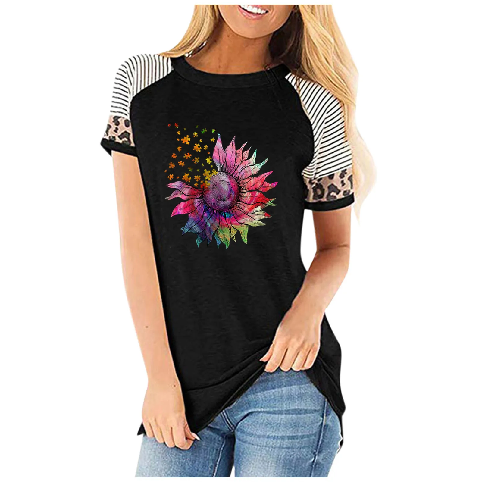 

Women Blouse Top Flower Print Stylish T-shirts Yellow T Shirts for Women Cotton