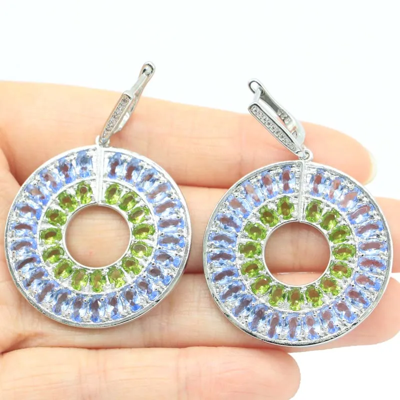 

55x35mm New Designed Long Big Heavy 21.7g Rich Blue Violet Tanzanite Green Peridot White CZ Bride Fine Jewelry Silver Earrings
