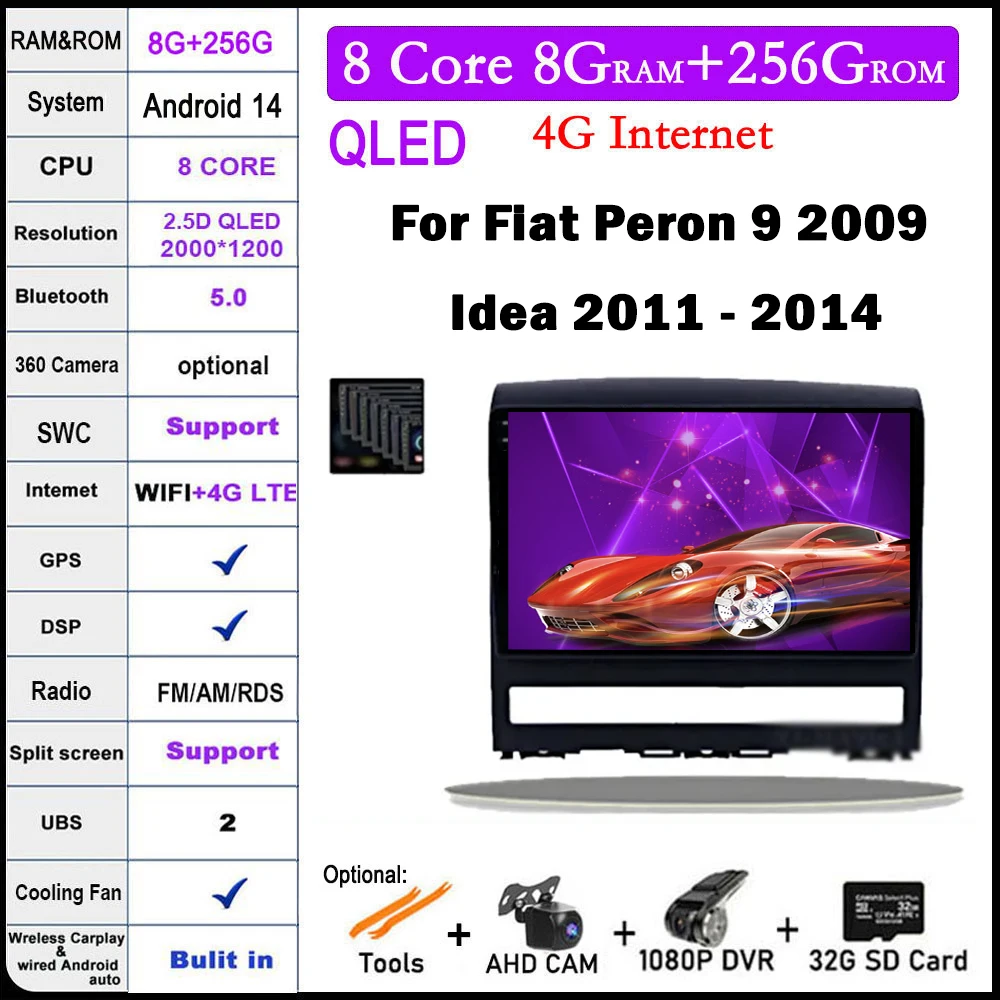 Автомагнитола для Fiat Peron 9 2009 Idea 2011 - 2014 Android 14 мультимедийный видеоплеер навигация
