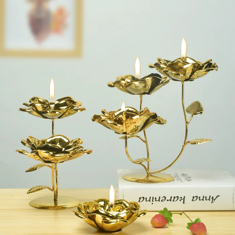 

Electroplated Flower Candle Holders Dining Table Decor Iron Candlestick Craft Home Decoration Wedding Centerpiece