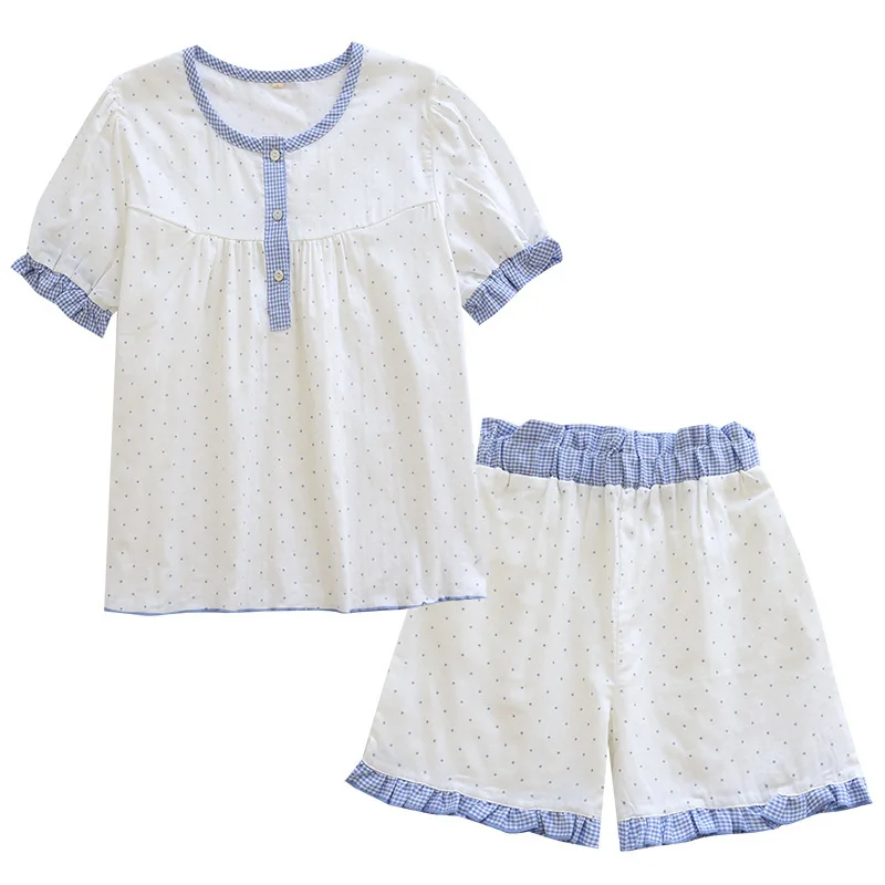 Short Sleeves Homewear Two Piece Set Sleepwear Summer Crew Neck Half Cardigan Shorts Pajamas Girl  Cotton Double Gauze Sleepwear