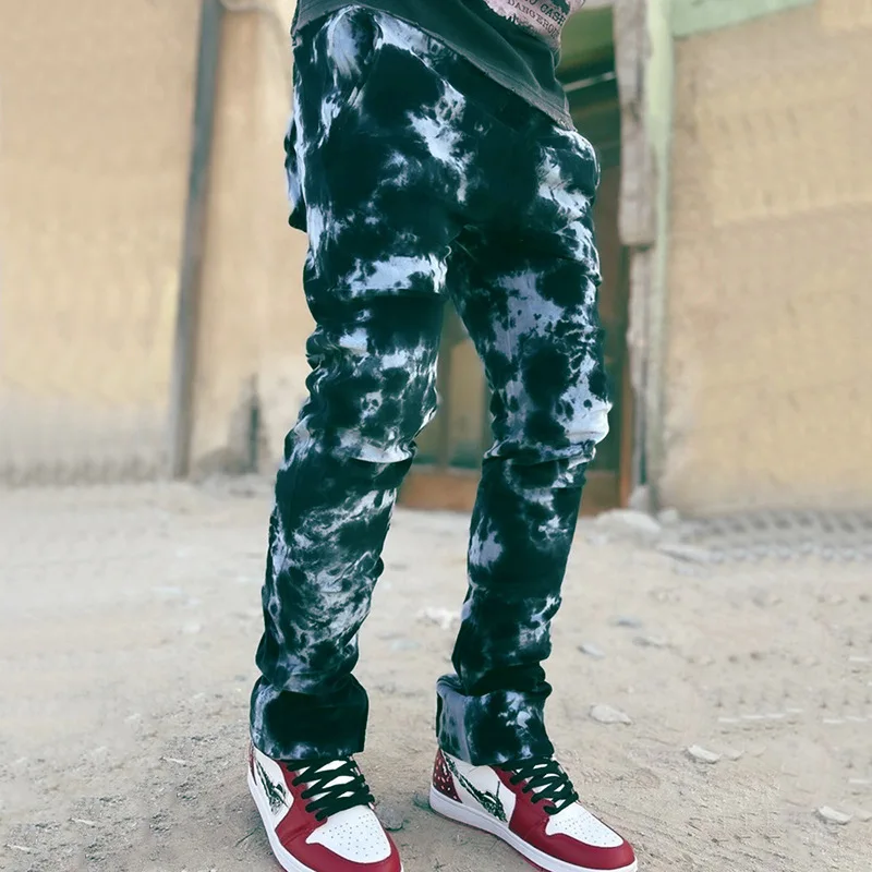 

New Cool Camouflage Straight Slim Classic Jeans Tie-dye Craft Denim Jeans Personality Design Trousers Dark Green Men Jeans