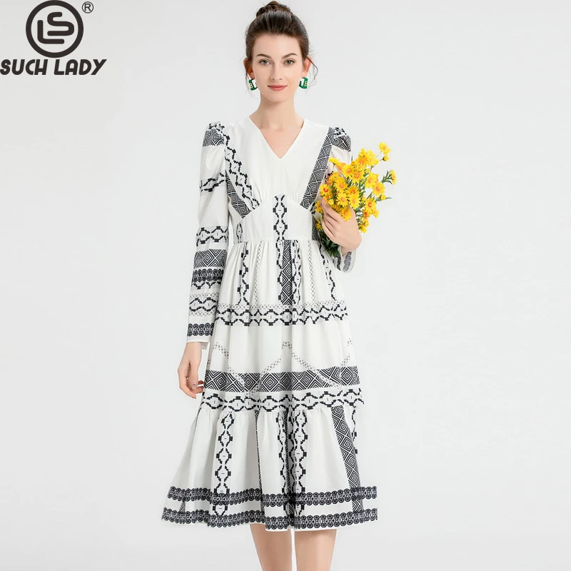 Women's Runway Dress Sexy V Neck Long Puffle Sleeves Printed Empire Waist Fashion High Street Designer Dresses