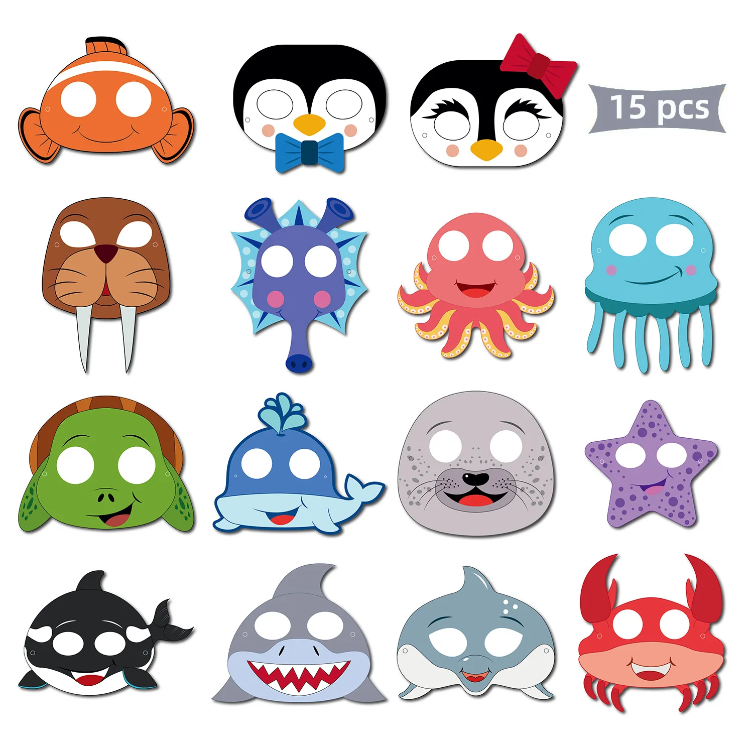 

Бумажные маски WEHRPARTY с морскими животными 15 шт.