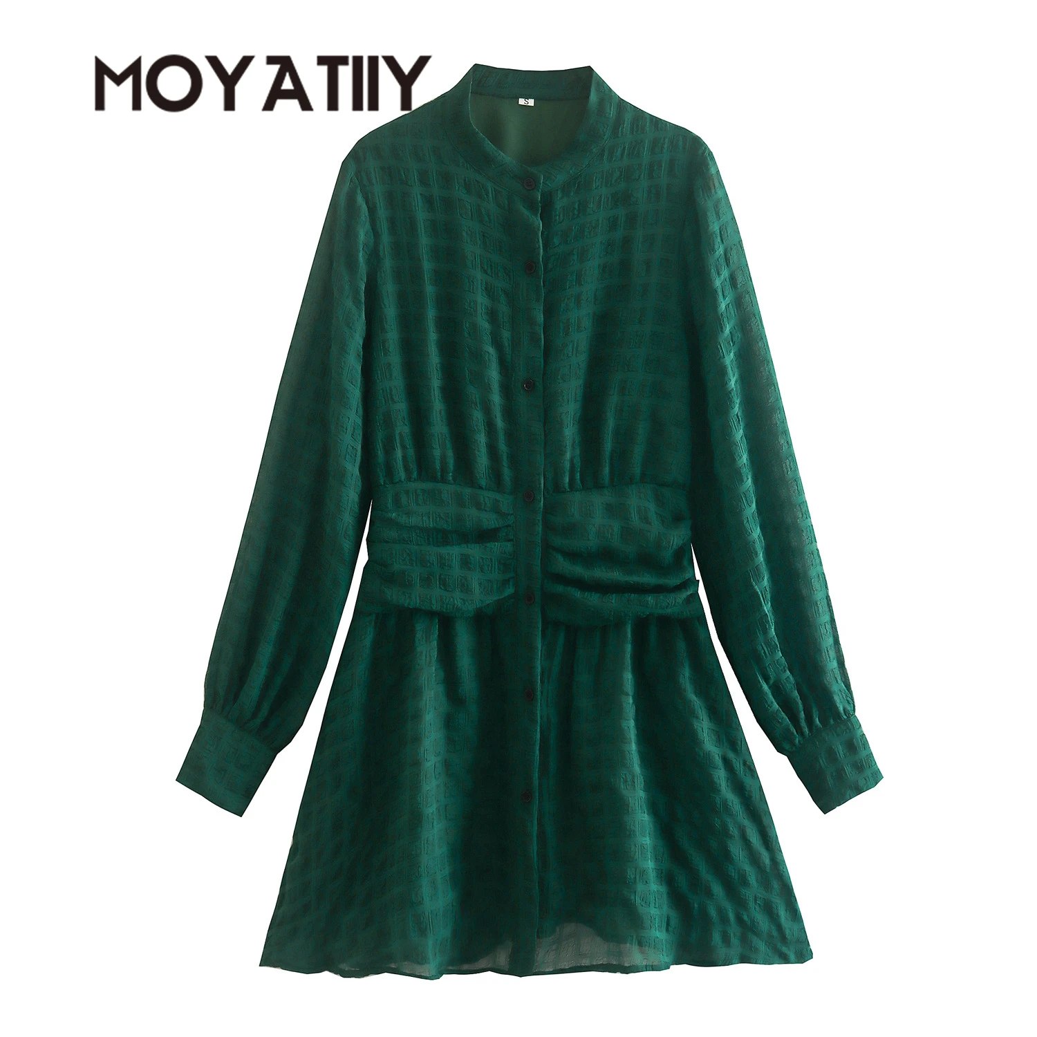 

MOYATIIY New Green Dress Spring Pleated Mini Dresses Long Sleeve Female Slim Vestidos