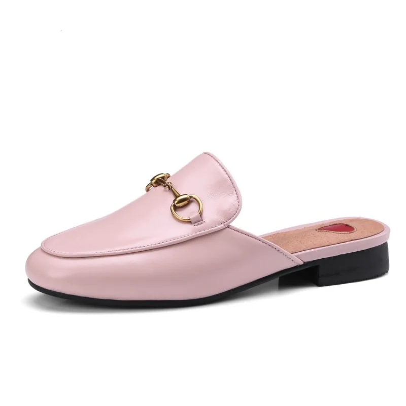 Baotou Half Slippers Female Wearing 2023 New Style of Horse Buckle Leather Sandals Heelless Lazy Shoes Flat Muller Shoes A-8