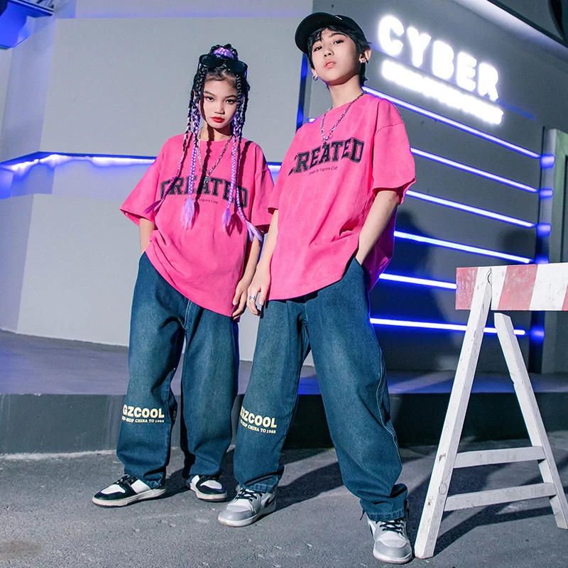 Детская одежда для сцены в стиле хип-хоп футболка с розами топы уличная джинсовые