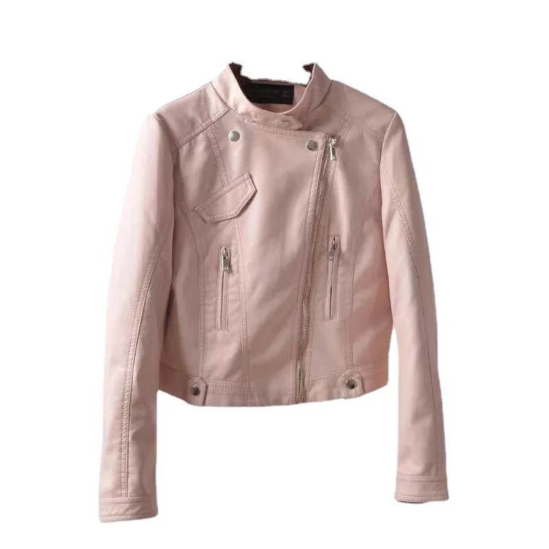 Autumn Winter Short Skinny Slim Leather Jacket Pink Coat Stand Up Collar Leather Jacket Zipper Motocycle  Hotsweet Short Jackets