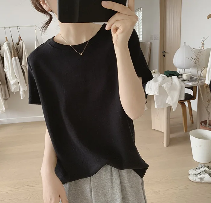 T-shirt women's summer loose round neck top short sleeved T-shirt  Black