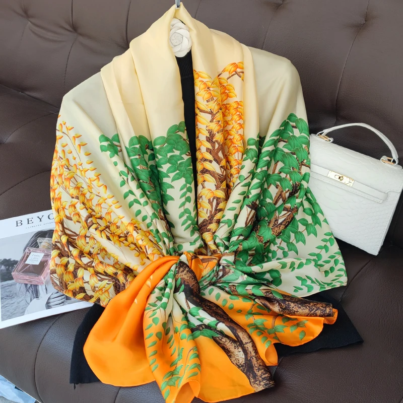 

Женский модный Шелковый шарф 2023, женские шарфы, женская Пляжная накидка, шифоновый шейный платок с принтом, Классическая бандана