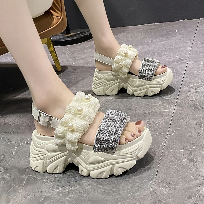 Beach Crystal Wedges Women Sandals 2022 Summer Bling Platform Slippers Woman Thick Bottom Flip Flops High Heels Gladiator Slides