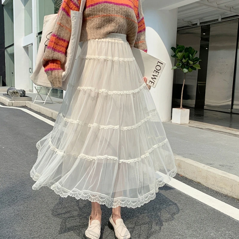 

Женская многоярусная длинная юбка TingYiLi, элегантная сетчатая юбка макси из тюля с кружевной отделкой и высокой талией бежевого и черного цве...