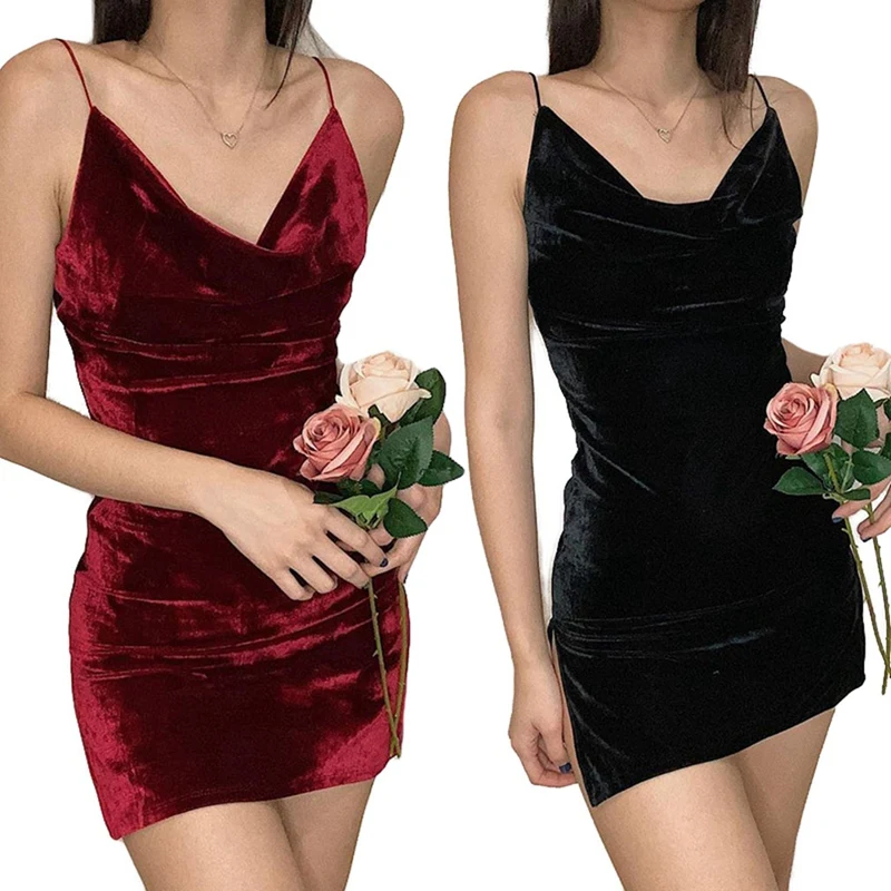 

NEW-2PCS V-Neck Suede Temperament Commuter Mid-Waist White-Collar OL Sexy European And American Dress, Red & Black