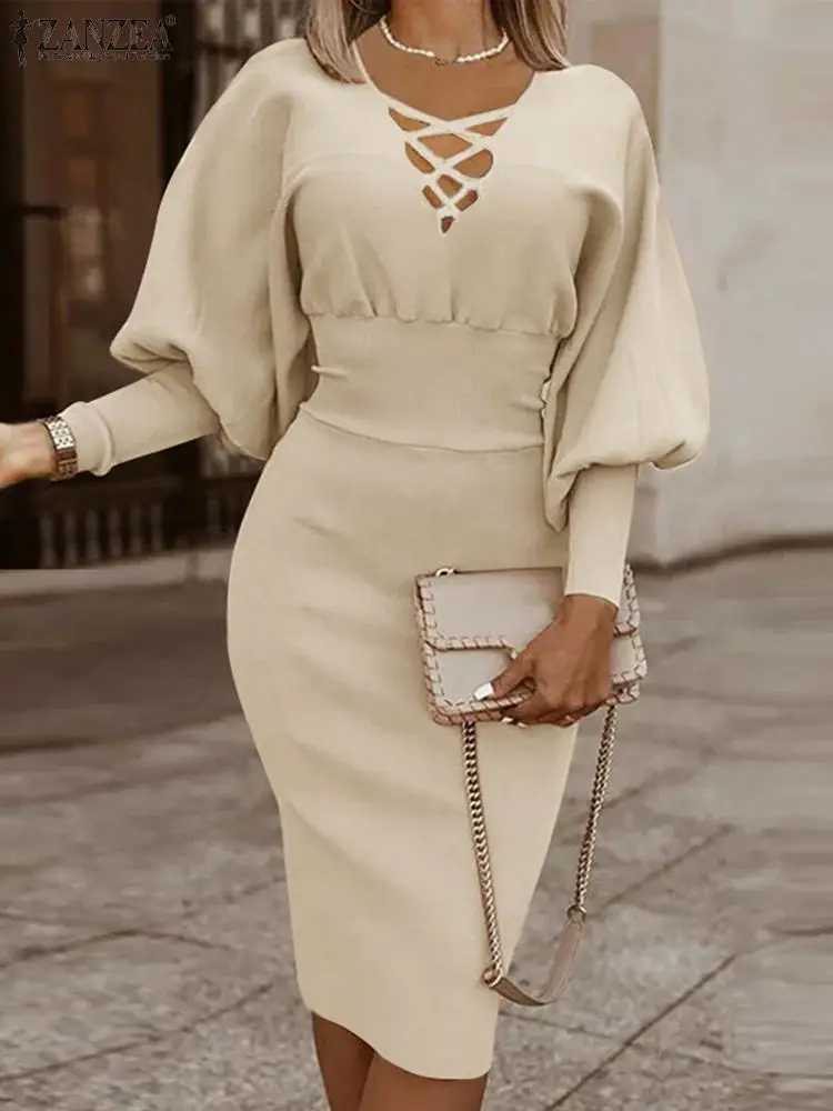 

2022 Fashion Solid Sundress Women Casual Long Sleeve Lantern Sleeve Dress ZANZEA Elegant Sexy V Neck Vestidos Office Slim Kaftan