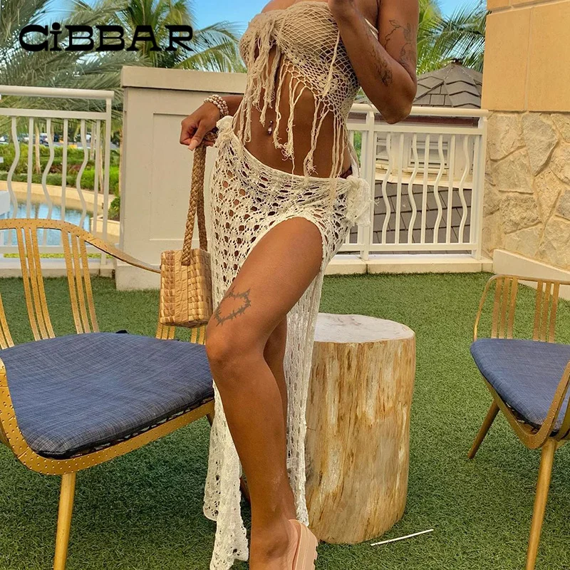 

Ажурная трикотажная Сексуальная Женская юбка CIBBAR в пляжном стиле с заниженной талией, однотонная прямая праздничная одежда